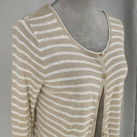 JNY Jones Sweater Womens Medium Beige White Linen Blend Cardigan Lightweight - Picture 6 of 12